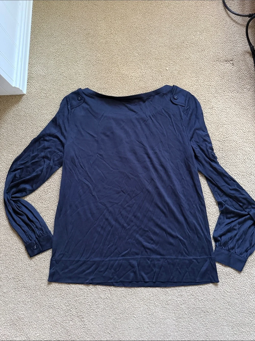 Tory Burch Navy Long-Sleeve Crewneck Blouse with Button Detail